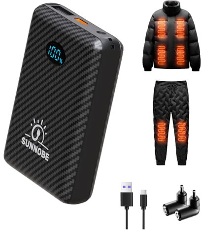 SUNNOBE Battery Pack for Heated Vest, 7.4V/5V 10000mAh Power Bank for Heated Vest with DC/USB/Type-C Output and LED Display for Heating Clothing and Phones