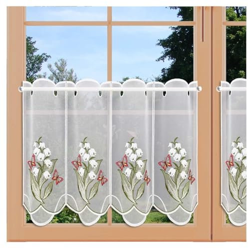 Frühlings-Scheibenhänger Maiglöckchen Plauener Spitze Kurgardine mit Schmetterlingen für Frühling und Ostern 40 x 96 cm