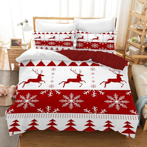Weihnachten Bettwäsche Set Weihnachtsmann und Elch Schneemann Rentier Muster Bettbezug Set mit Kissenbezügen, Weihnachtsdekoration, Geschenk-Set (Weihnachten A, 135 x 200 cm)