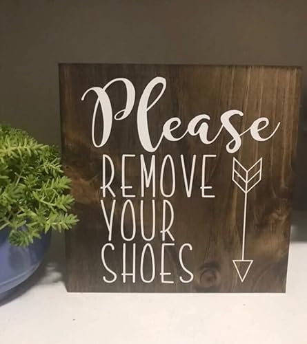 SZHMZ Panneau en bois – Please Remove Your Shoes – Rustique rétro – 20,3 x 20,3 cm – Support mural – Étain/métal