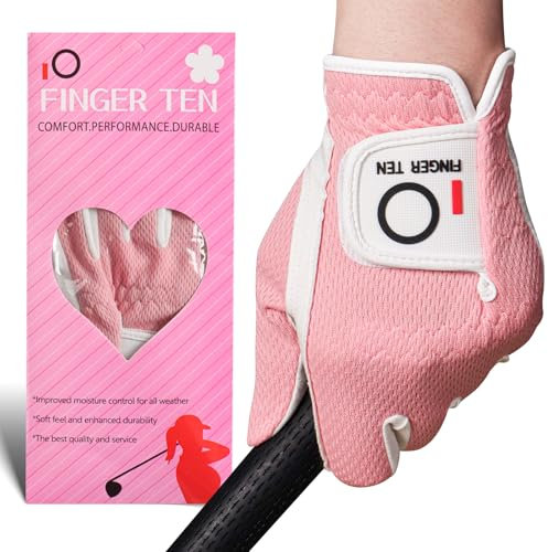 FINGER TEN Damen-Golfhandschuhe, Rechtshänder, Linke Hand, 1 Stück, Golfhandschuhe, Regengriff, heiß, nass, Allwetter-Netzgewebe für Mädchen, Damen, S, M, L (Rosa, Medium (Worn On Links Hand))