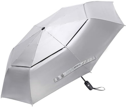 G4Free Paraguas plegable de viaje de 42/46 pulgadas, resistente al viento, compacto, protección UV UPF 50+, doble dosel, revestimiento plateado, paraguas de lluvia, azul claro, 117 cm/46
