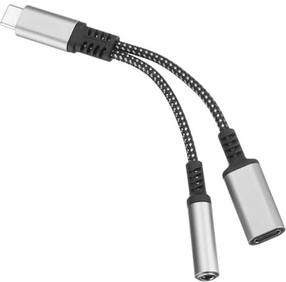 QUARKZMAN Adaptador de Cargador y Auriculares USB C a 3.5mm, 2 en 1 Tipo C a Jack de Audio Auxiliar con Cable USB C de Carga Rápida PD 60W Gris 130mm para Teléfono