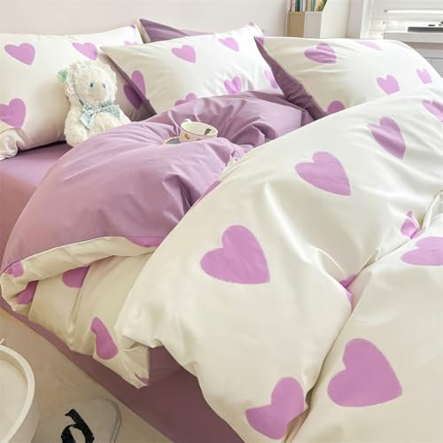Nayoroom Herzchen Bettwäsche 135x200 Weiß Lila Herzen Aesthetic Bettbezug Set 2teilig Weiss mit Flieder Violett Herz Renforce Mikrofaser Kuschelbettwäsche mit Reißverschluss und Kissenbezug 80x80 cm