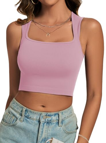Cuptacc Tank Top Women's Summer 2024 Square Neck Crop Top Sexy Construction Tops Lightweight Fitness Sports Tops, lightpink, M