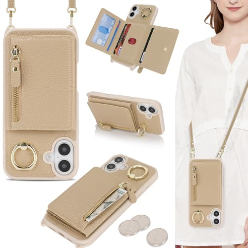 ELTEKER Handyhülle für iPhone 16 Hülle mit Band Kartenfach Ringhalterung Geldbörse,Leder Klapphülle Umhängetasche Handytasche für iPhone 16 - beige