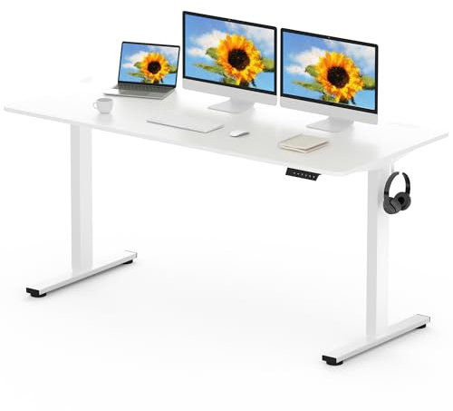 FLEXISPOT 160 x 80cm Electric Standing Desk ONE PIECE Height Adjustable Desk Sit Stand Desk with 4 Memory Smart Pannel and Backpack Hook for Home Office, (White Frame+White Desktop)