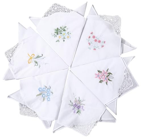 Ptwola 6 Stück Damen Taschentücher mit Blumenstickerei Weiß Weich Elegant Hanky Vintage Floral Spitze Einfassung für Frauen, Hochzeit, Nachmittagstee, Party, Tägliches Accessoire