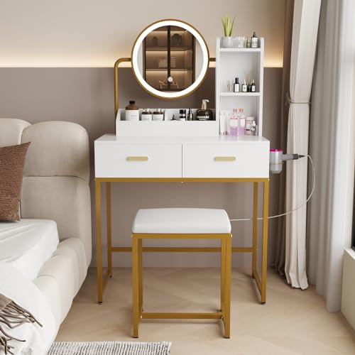 YOURLITE Small Dressing Table with Lighted Mirror and Lights, Compact Vanity Table with with Drawers for Bedroom, Mini White Modern Makeup Desk with Hair Dryer Rack and Cushioned Stool (Gold)