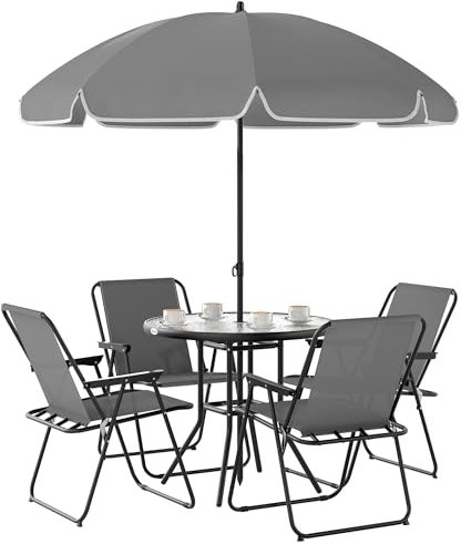 Outsunny Conjunto de Mesa y Sillas Jardín de 6 Piezas Muebles de Jardín Exterior con 4 Sillas Plegables Mesa de Vidrio y Sombrilla para Terraza Patio Gris