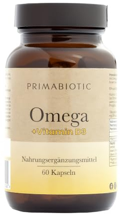 Omega 3 + D3 Capsules – Primabiotic Omega 3 visolie 1000 mg met D3 2000 IE | Hooggedoseerd, puur voedingssupplement van hoge kwaliteit | 60 capsules | Voor hart, hersenen & immuunsysteem