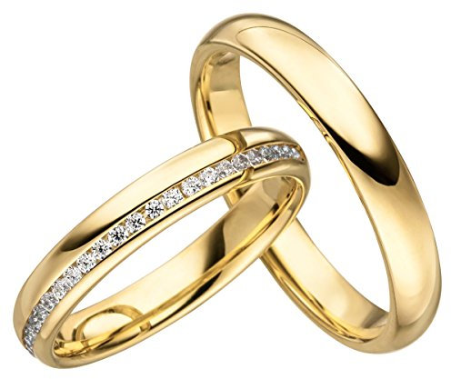 JC Trauringe Silber 925 Paarpreis Eheringe Gold Plattiert I Verlobungsringe 3,5mm breit I Partnerringe mit Gravur in edler Schatulle I 2 Hochzeitsringe Herrenring ohne & Damenring mit Steine I JCC005