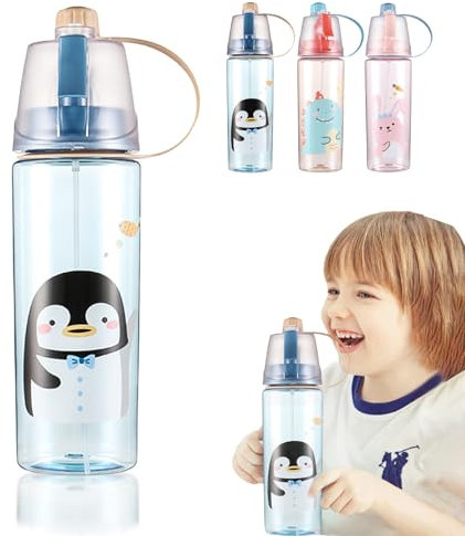 dellyy Wasserflasche mit spray, 600ml Sprüh Trinkflasche, Sport, Trinkflasche, Bottle Water, Sportflasche, für Jungen, Mädchen zum Rehydrieren, Abkühlen, Reiten, Klettern, Wandern (Hellblau)