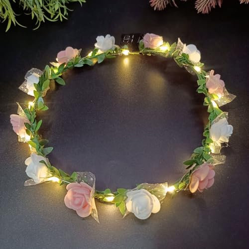 LED Haarreif, Blumenkranz Haare LED, Festival Kopfschmuck, Geschenke für Alle AnläSse Leuchtender Haarreif, Halloween Party Kopfschmuck für Damen(Rosa)