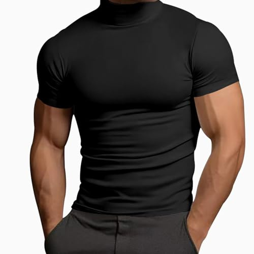 Mens Basic Mock Turtleneck Short Sleeve Solid Casual T-Shirt Pullover Tops Slim Fit Undershirt High Neck T-Shirt Tee