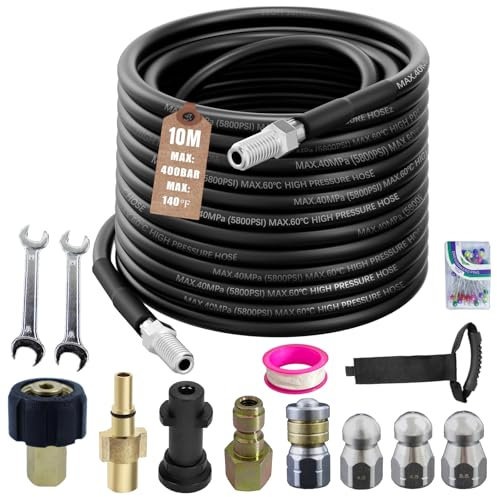 10M Kit de Manguera para Limpiar Tuberías,Desatascador Karcher compatible con Karcher K2-K7, Lavor, Bosch, 400 Bar/5800 PSI,Kit de Limpieza de Manguera de Drenaje con 4 Boquillas y 2 Adaptadores