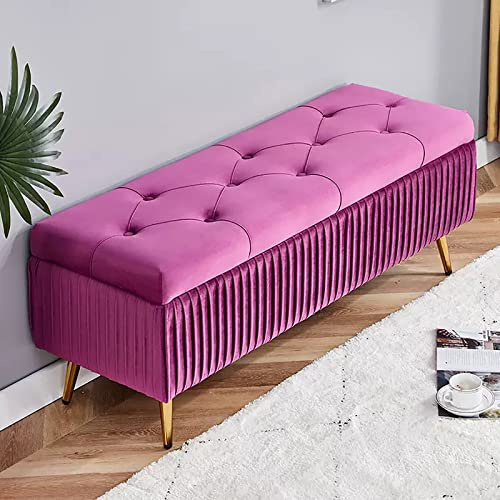 Moderne Sitzbank mit Stauraum aus Samt mit goldfarbenen Beinen, geknöpfte, gepolsterte Fußstütze und Stauraum, stilvolle Bett- und Eingangsbank für Wohnzimmer/Schlafzimmer, Lila