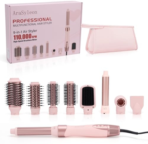 AraSyleon 9 en 1 Multistyler & Airstyler con Iónica, Rizador con Coanda | Hairstyler (Secador/Cepillo de Aire Caliente/Cepillo Alisador/Rizador), 1200W, 106.000 Rpm, incluye estuche de viaje