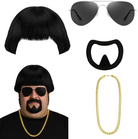 GWAWG Ibiza Final Boss Costume,Funny Fancy Dress Outfit Kit,Bowl Cut Wig,Gold Chain,Glasses & Goatee Stick On,Men in Black Costume Accessories for Festivals & Parties