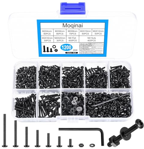 1200 Stück M2 Schrauben Set, Linsenkopf Innensechskantschrauben Muttern Set, Maschinenschrauben und Muttern Sets, Kleine Gewindeschrauben Sets,Schwarz Rundkopfschrauben und Muttern Sortiment Kit