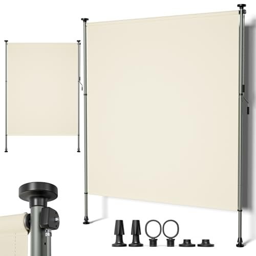 UDPATIO Klemmmarkise Senkrechtmarkise Außen ohne Bohren, 200x310cm Balkon Sichtschutz & Sonnenschutz, Alu Markise mit Handkurbel, Vertikalmarkise (280g/m²) für Terrasse & Garten, Beige Wasserdicht