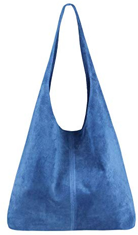 Made in Italy Damen echt Leder Tasche Rindsleder Shopper Schultertasche Umhängetasche Handtasche Beuteltasche Hobo Bag Ledertasche Reisetasche Sport Arbeit Urlaub Daily Bag groß Jeansblau Wildleder