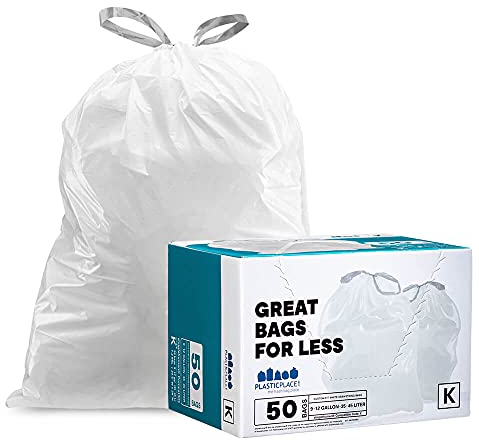 Plasticplace Custom Fit Trash Bags, Compatible with simplehuman Code K (50 Count) White Drawstring Garbage Liners 10 Gallon / 38 Liters 24 x 28