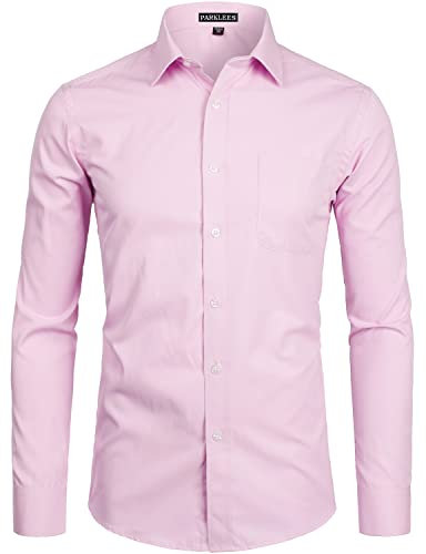 PARKLEES Chemise à manches longues pour homme - Coupe ajustée - Style décontracté - Avec poche, rose, S