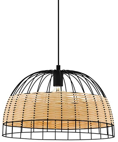 EGLO Pendelleuchte Anwick, 1 flammige Hängelampe Vintage, Boho, Hängeleuchte aus Stahl und Rattan, Esstischlampe, Wohnzimmerlampe hängend in Schwarz, Natur, E27 Fassung, Ø 50 cm