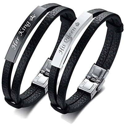 Her King His Queen Paar Armbänder, Unisex Inspirational Schmuck Doppelschichten PU Leder Armband Sein und Ihr Distanz Matching Set Für Weihnachten Jubiläum Hochzeit Geburtstag Valentinstag