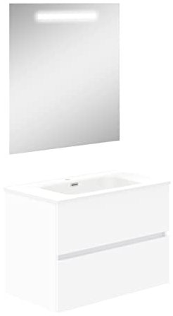 Baikal Mueble de Baño Dos cajones, suspendido a la Pared con Lavabo. Melamina 16. Mueble montado. Mueble de 70cm Blanco con Espejo con Luz Led