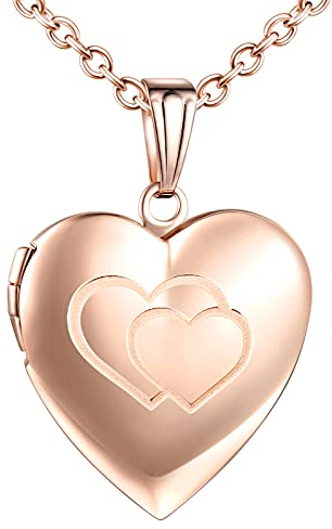 MicVivien Herz Medaillon zum Öffnen personalisierte Photo Bilder Herz Anhänger Halskette Einfach/Love/doppeltes Herz Muster Herzanhänger Amulett Halskette mit 50cm Kette für Herren Damen Roségold