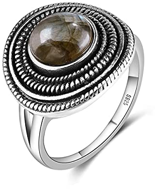 DJMJHG 8mm Runde natürliche Mondsteine Ringe Damen S925 Sterling Silber Ring Vintage Style Valentinstag 9 Labradorit