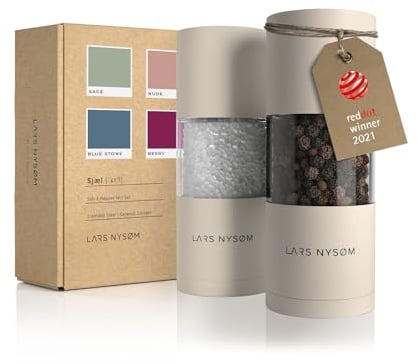 LARS NYSØM Salz und Pfeffer Mühlen Set aus Edelstahl mit einstellbarem Keramik-Mahlwerk 2 Stück I Manuelle Gewürzmühlen mit hochwertigem Design (2 Stk) (Almond Beige)