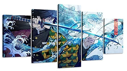 ZHONGYUTONG 5 Teilig Leinwandbild mit Rahmen Demon Slayer Poster Kimetsu Japanische Anime Figur Tanjiro Kunstdrucke HD Gemälde für Wohnzimmerdekoration (100x55cm)