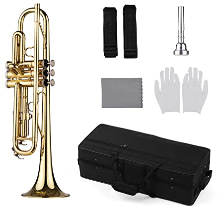 KLKL Standard Trompete B Flache Student Trompete Bb Schlüssel Messing Gold Lack Trompete Mit Fallbänder 7c Mundstück Handschuhe Reinigung Tuch