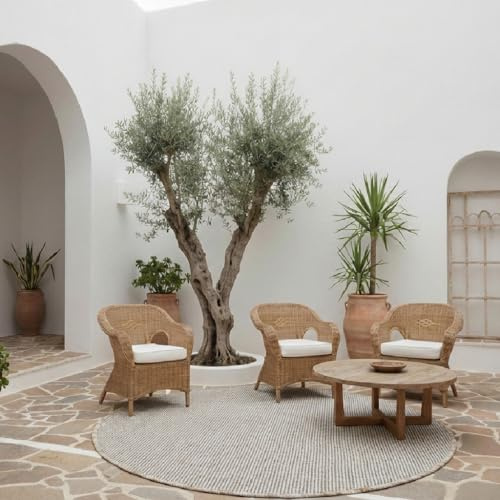 Tadi & Imperio1979 Runder Teppich für drinnen und draußen, glatt, ohne Flor, Beige, Durchmesser 150 cm, Kunstfaser für Wohnzimmer und Terrasse