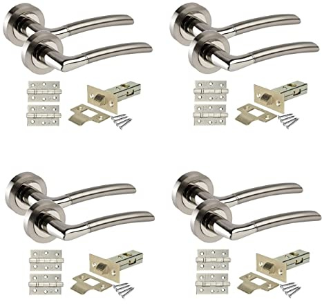 Golden Grace Indiana Door Handles Latch Pack, Duo Chrome Finish, 4 Sets | Includes ball bearing hinges, spindles and screws for complete fitting, offering tidy concealed fixings.