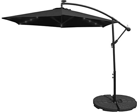 Monster Shop Ombrellone da Giardino Decentrato con Luci LED Ombrellone a Sbalzo da Esterno Parasole da Giardino 3x3m con Pannello Solare e 24 LED Installati - Base Zavorra Tonde - Nero