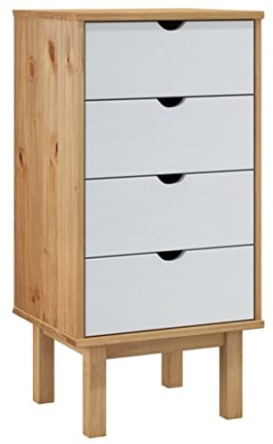 Kommode Schubladenschrank Schubladenkommode Sideboard mit 4 Schubladen, aus Massivholz, im angesagten Shabby Chic Look, für Schlafzimmer & alle Wohnräume, Braun und Weiß 46x39,5x90 cm