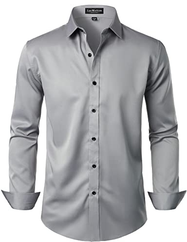 LucMatton Herren Kleid Hemd Formal Stretch Faltenfrei Langarm Slim Fit Button Down Shirts für Hochzeit Party, Grau, Mittel