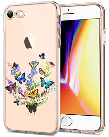 Unov Hülle Kompatibel mit iPhone SE (2022) (2020) iPhone 8 Hülle iPhone 7 Hülle klar Transparent Schlanke Schutzhülle Weich TPU Stoßstange Geprägtes das Muster Stoßdämpfung (Blumen Schmetterling)
