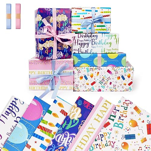 OFFCUP Geschenkpapier Kinder Recycelbares, Geburtstagspapier Set, Geschenkpapier Geburtstag Bunt 6 Blatt 50x70cm Verpackungspapier mit 2 Bündel Bänder Kindergeburtstag Geschenke Deko(Brief)