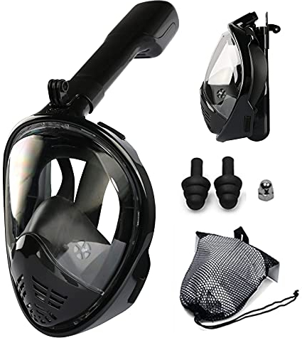Vollgesichts-Schnorchelmasken-Set, leicht zu atmende Schnorchelmaske, 180° SeaAnti-Fog Anti-Leck-Design, Schwimm-Tauchmasken mit Action-Kamera-Halterung für Erwachsene, Schwarz, S/M