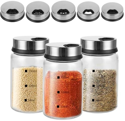 AKOLAFE 3 Stück Gewürzgläser mit Drehdeckel 150ml Gewürzstreuer Glas 6x9,5cm Luftdicht Gewürzdosen mit 4 Arten von Gewürzlöchern Rund Salzstreuer aus Borosilikatglas der Küche, Grillen, Koche