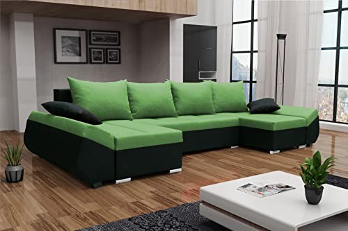 ALTDECOR Ecksofa in U-Form mit Schlaffunktion und Bettkasten Corner Sofa Bett Eckcouch Couch L-Form Schlafcouch Ausziehbar Wohnlandschaft Schlafsofa Cauchsofa - KORFI-U - 311x140x90cm Grün/Schwarz
