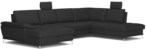 Cavadore Wohnlandschaft Castiel mit Federkern / Sofalandschaft mit XL-Longchair, Bett, Bettkasten, Sitztiefenverstellung, Kopfstützen und Metallfüßen / 363 x 89-104 x 223 / Echtleder, Schwarz
