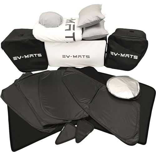 EV-MATS Deluxe Camping-Set für Tesla Model Y – Tesla Memory Foam Matratze, Steppdecke, 2 Kissen, 11 Schirme, 2 Aufbewahrungstaschen in vorderer Trunk größe