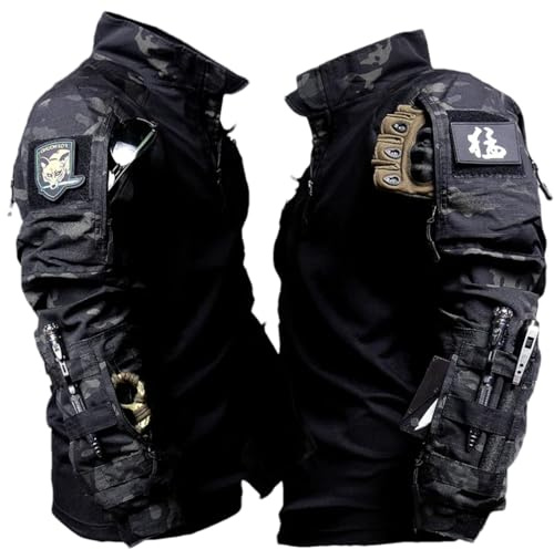 Adhdyuud Taktischer Anzug für Herren, Outdoor, Militär, Paintball, Hemden, Spezialeinheit-Hose, Schwarzes T-Shirt, L
