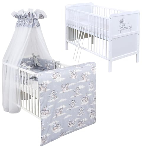 Generic Babybett Komplett Set Max Prince 60x120 weiß Kinderbett umbaubar zum Juniorbett inkl. Bettwäsche Set Komplett (Drache)